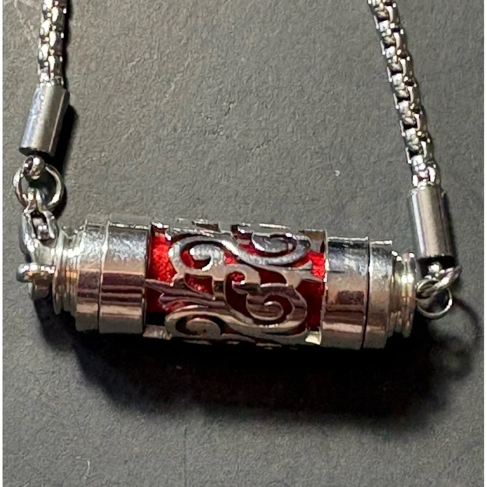Silver Tone Adjustable Slider Bracelet Cutout Cylinder Red Stone‎ Accent Boho